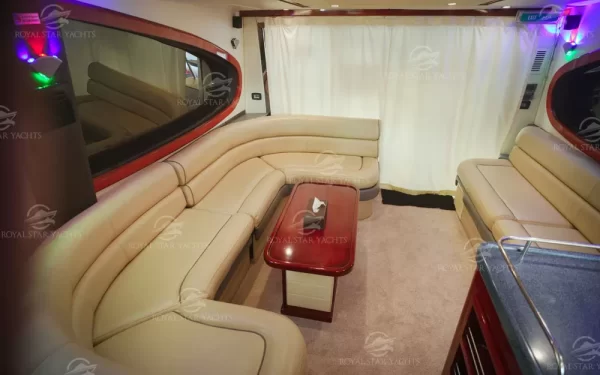 Luxury leather seating lounge inside 50 FT Al Shali yacht in Dubai