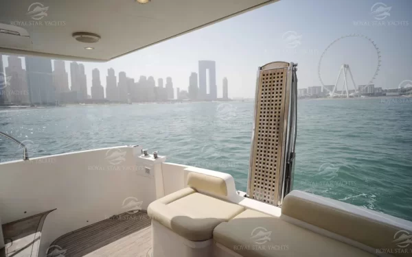 Side view of cozy seating area inside Enterprise yacht