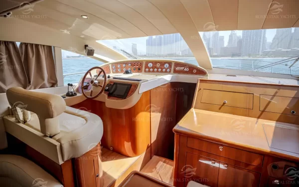 Rear deck seating with Dubai skyline view from Enterprise yacht